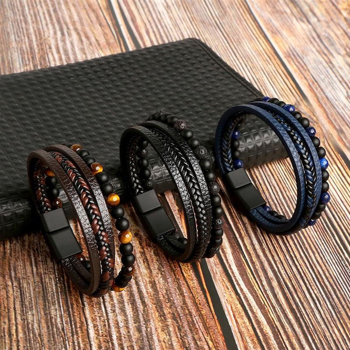 Elegante Grandiose Glamour heren armbandenset met diverse gevlochten designs in bruin en zwart, luxe cadeau mannen.