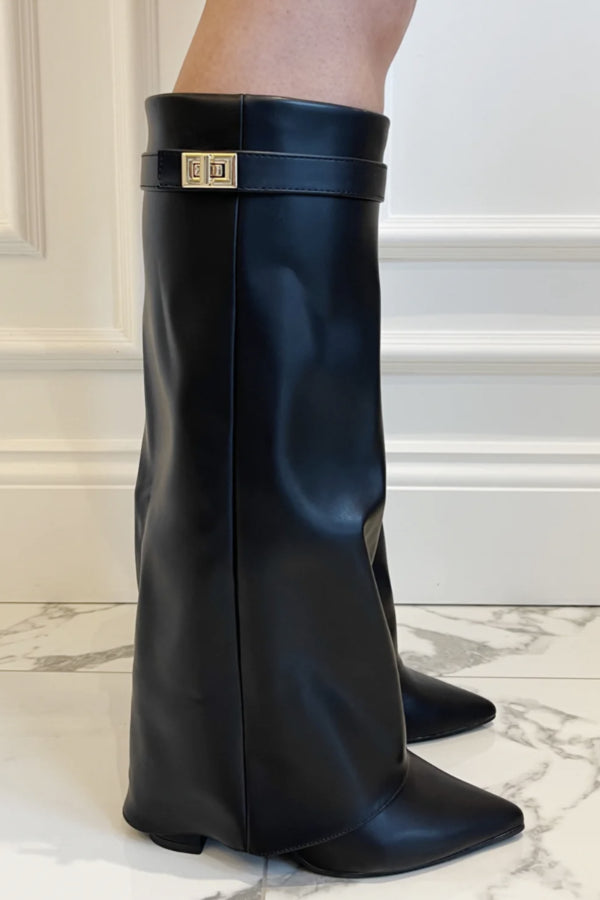 "Luxe hoge beige laarzen met flap en blokhak, elegant leren design, dames schoenen, comfortabel en veelzijdig voor elke stijl