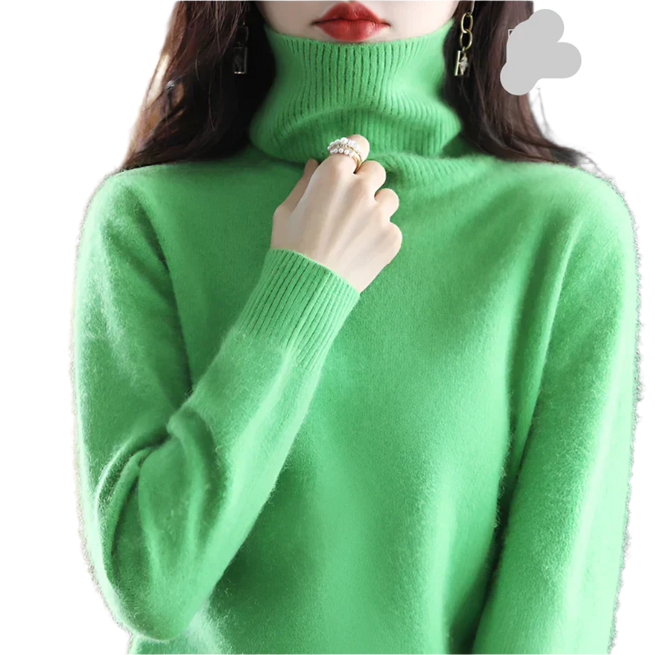 "Luxe kasjmier coltrui voor dames, elegant ontwerp, 100% kasjmier, avocadogroen, herfst-winter, warm en stijlvol."