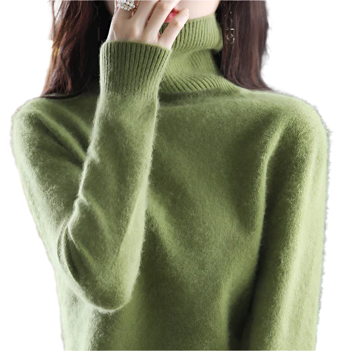 "Luxe kasjmier coltrui voor dames, elegant ontwerp, 100% kasjmier, avocadogroen, herfst-winter, warm en stijlvol."