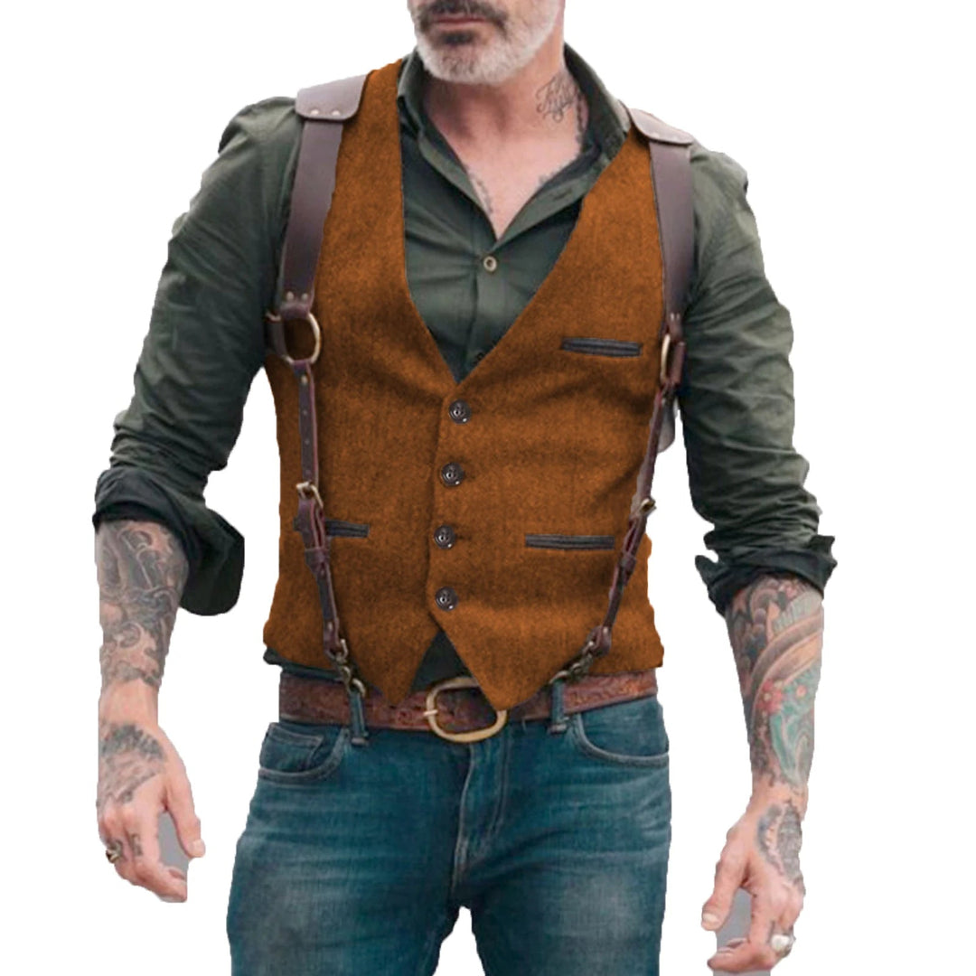 "Luxe legergroen herringbone gilet voor heren, ideaal voor formele gelegenheden, gemaakt van katoen, wol en kasjmier."