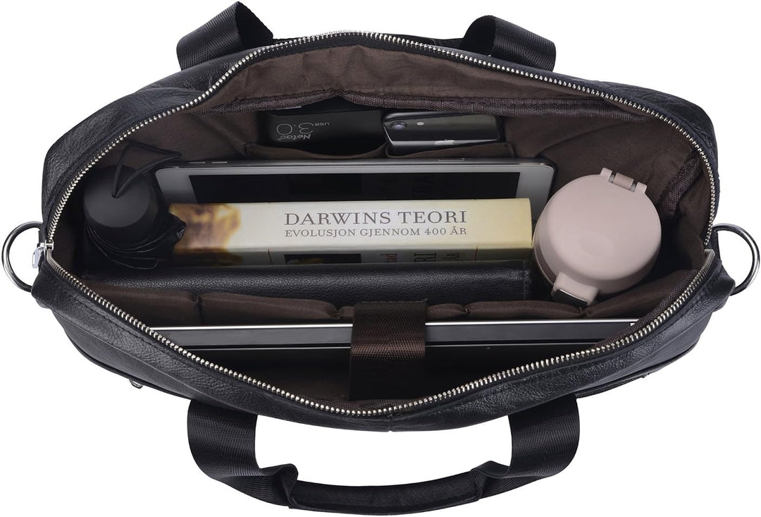 Open luxe leren 15-inch aktetas met diverse organizer vakken voor laptop, documenten en accessoires.
