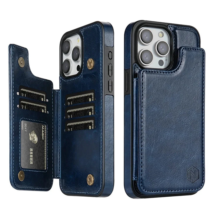Leren accessoire: stijlvolle telefoonhoes met portemonnee en magnetische sluiting voor onderweg.