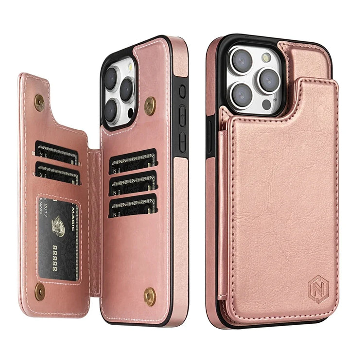 Beschermende leren telefoonhoes met luxe afwerking, handige kaartvakken en stevige magnetische sluiting.