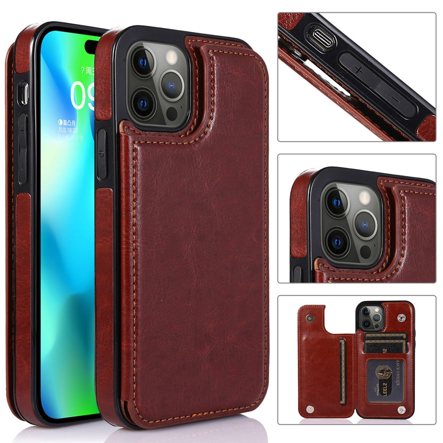 Stijlvolle lederen telefoonhoes met portemonneefunctie en veilige magnetische sluiting.