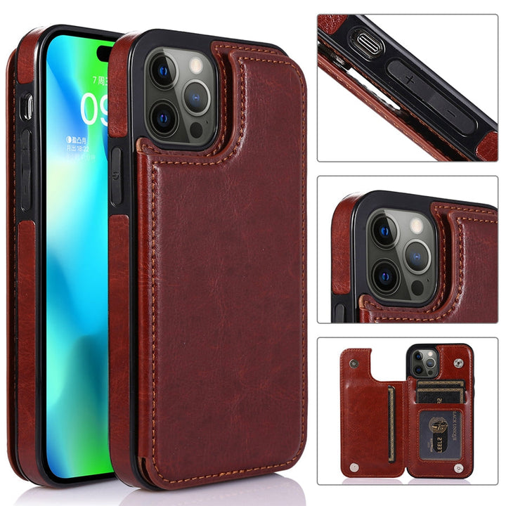 Stijlvolle lederen telefoonhoes met portemonneefunctie en veilige magnetische sluiting.