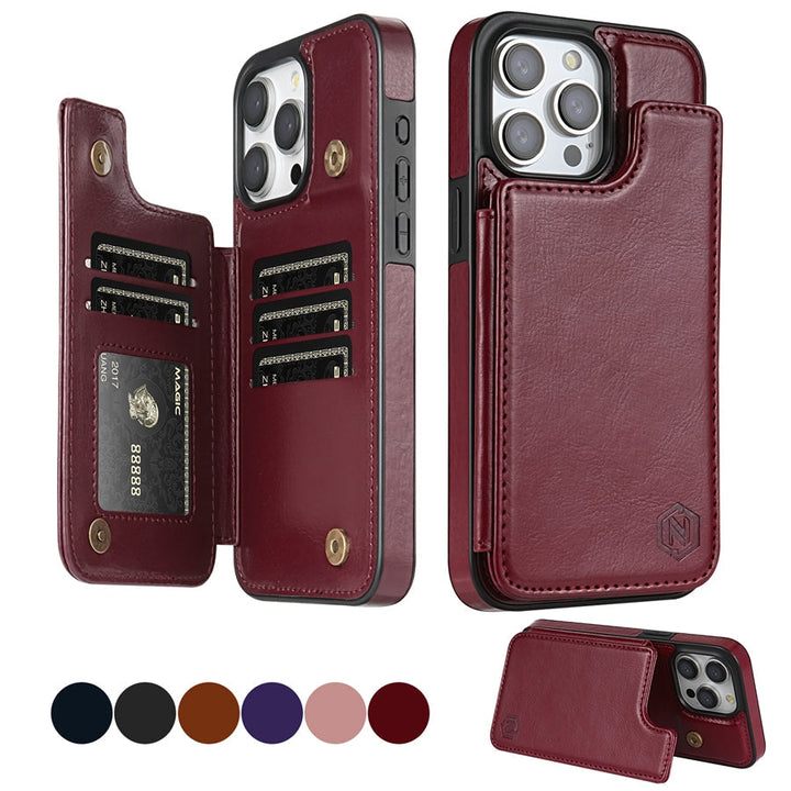 Premium leren iPhone hoesje met handige kaartvakken en magneetsluiting voor bescherming.