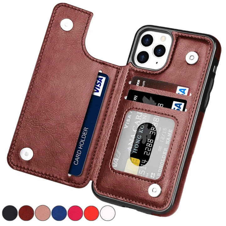 Hoogwaardige leren flipcase met meerdere kaartvakken en geïntegreerde magnetische sluiting.