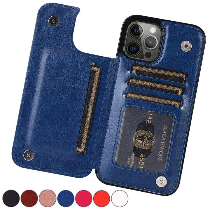 Elegante leren telefoon beschermhoes, zwart, met vakjes voor pasjes en veilige magneetsluiting.