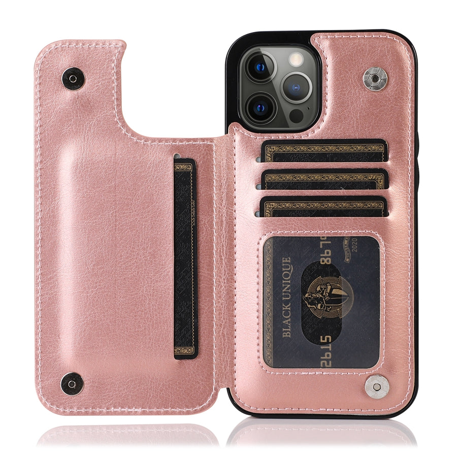 Praktische luxe leren telefoonhoes, beschermt je telefoon en biedt ruimte voor pasjes, magneetsluiting.