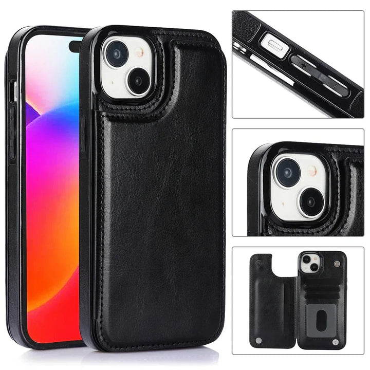 Gesloten leren telefoonhoes met luxe uitstraling, magnetische flap en subtiel reliëf.