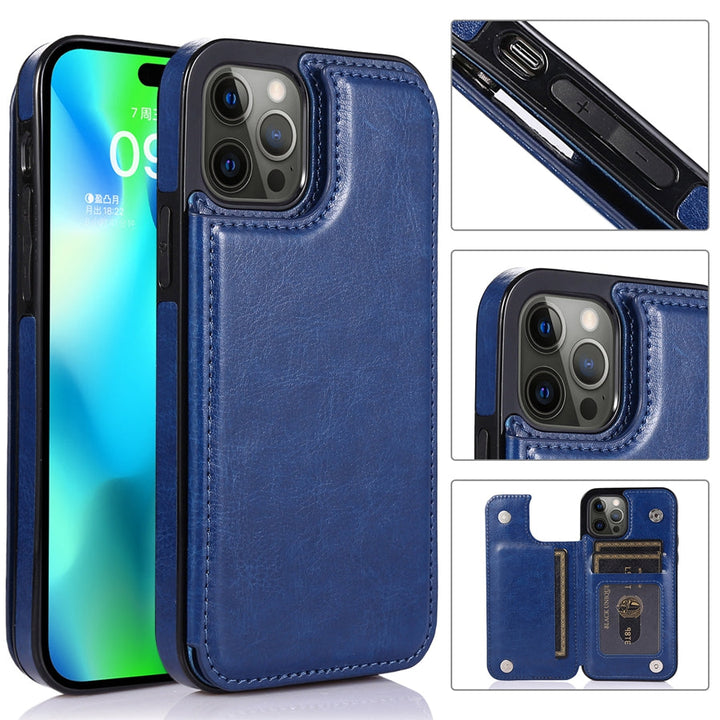 Open leren telefoonhoes met zichtbare pasjesvakken, geldvak en veilige smartphonebevestiging.