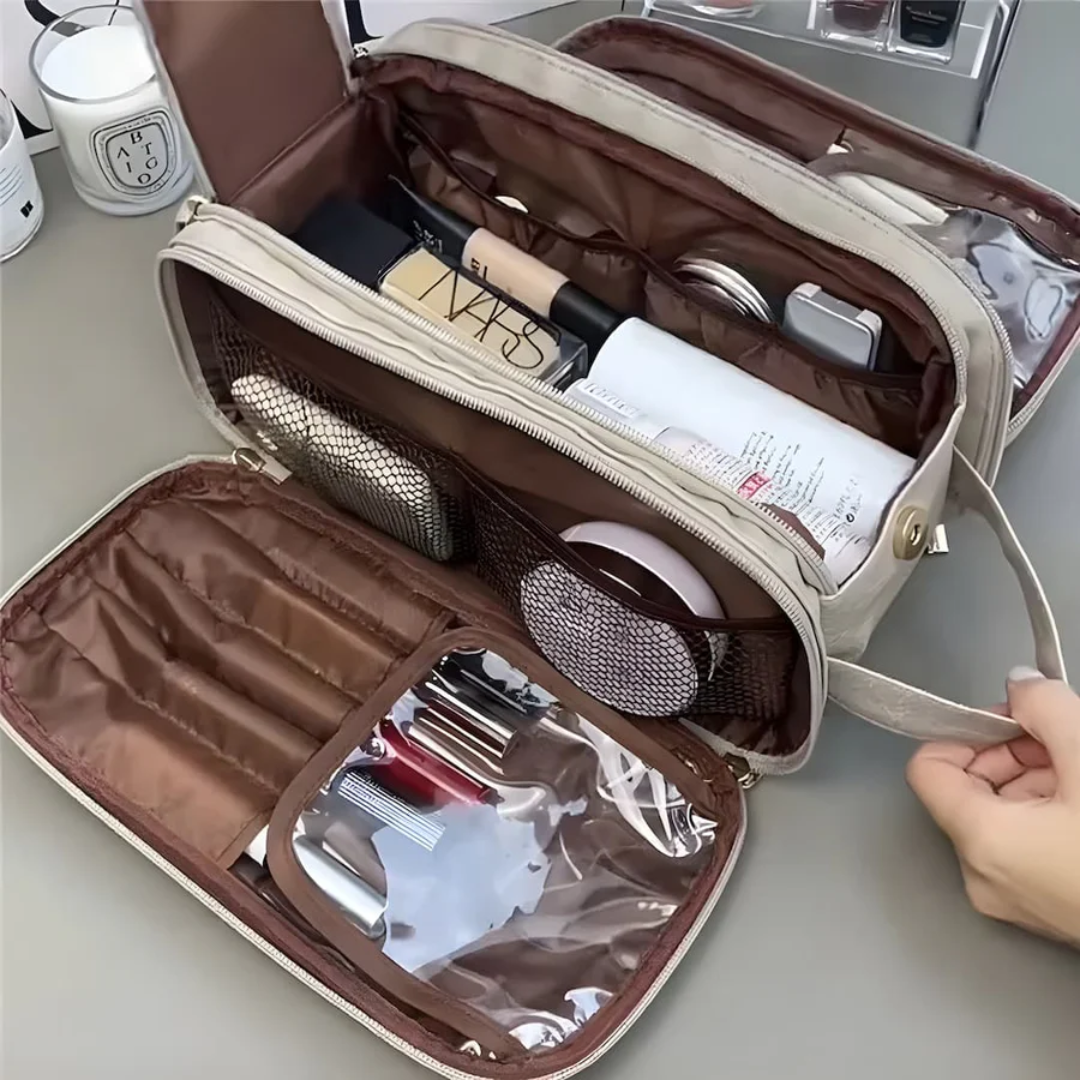 Elegante dames toilettas, ruime make-up tas en cosmetica organizer voor thuis of op reis. Luxe design.