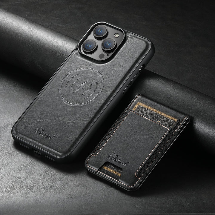 "Luxe telefoonhoes met kaarthouder en magnetische standaard, stijlvol ontwerp, duurzaamheid in zwart en blauw"