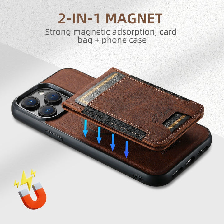 "Luxe telefoonhoes met kaarthouder en magnetische standaard, stijlvol ontwerp, duurzaamheid in zwart en blauw"