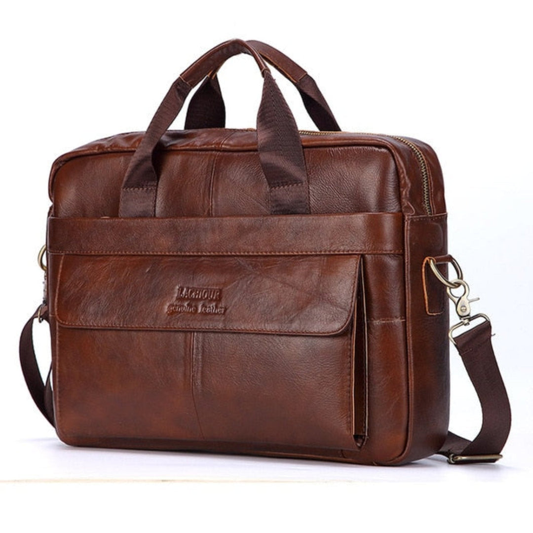 De Victor laptoptas van luxe leer, open met ruimte voor laptop, documenten en persoonlijke benodigdheden.