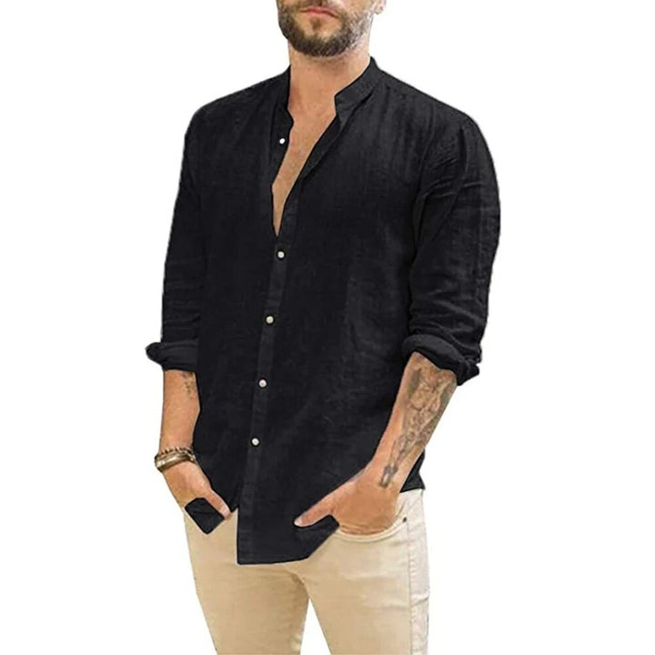 Comfortabel casual heren overhemd met lange mouwen, opstaande kraag; ideaal voor veelzijdige zomerse herenmode.
