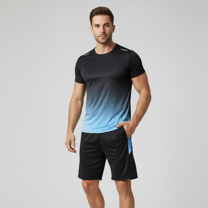 Prestatiegericht heren trainingspak. Elastische stof ondersteunt beweging tijdens intensieve sport en fitnesskleding.