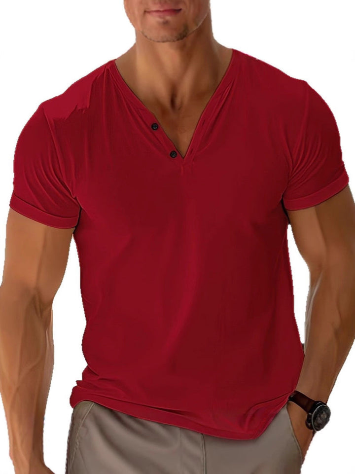 Klassiek heren Henley T-shirt met V-hals, korte mouwen, casual elegantie voor elke zomerse outfit.
