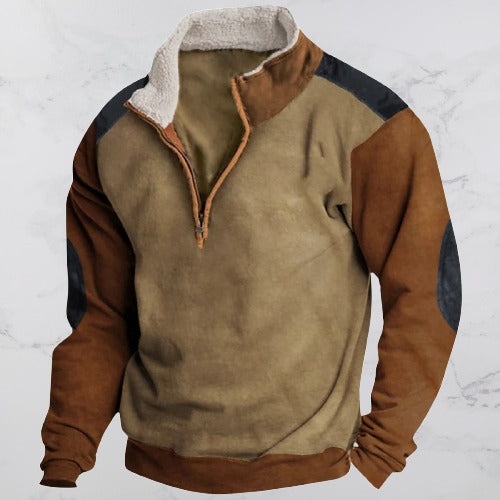 Mannen khaki vintage pullover met rits, lange mouwen. Comfortabele heren casual trui voor herfst & winter.