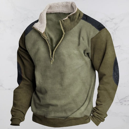 Groene casual herenpullover met rits, lange mouwen. Comfortabele vintage trui, perfect voor herfst en wintermode.