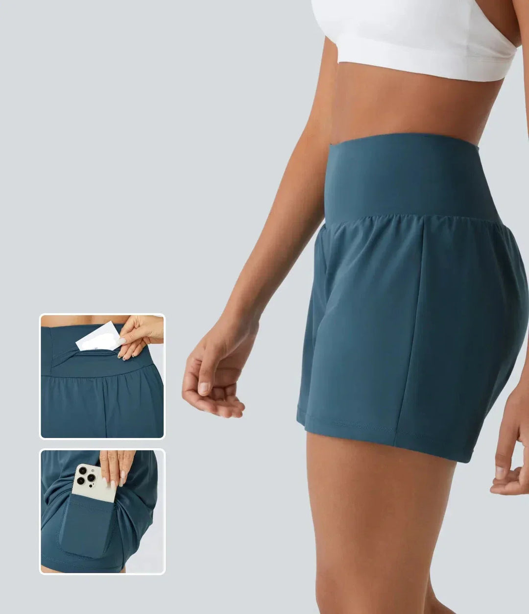 "Margarethe yoga shorts, hoge taille, ademend, 2-in-1 ontwerp, zwart, optimale bewegingsvrijheid tijdens yoga of fitness."