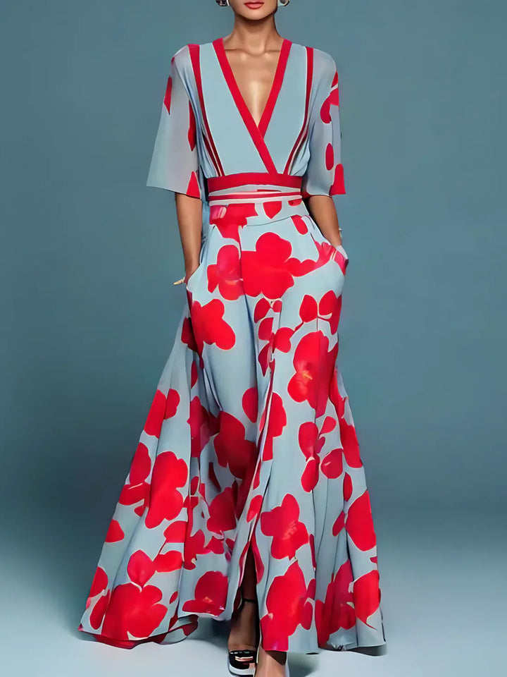 "Maxi jurk met bloemenprint, A-lijn, V-hals, perfecte look voor speciale gelegenheden, stijlvol en vrouwelijk ontwerp."