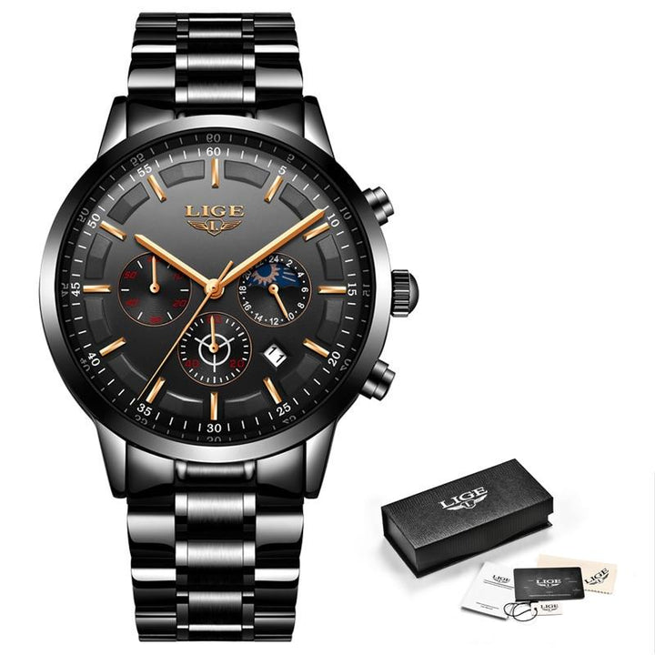 "Militair zwart stalen horloge, waterdicht, met roestvrijstalen band en krasbestendig glas, voor mannen."