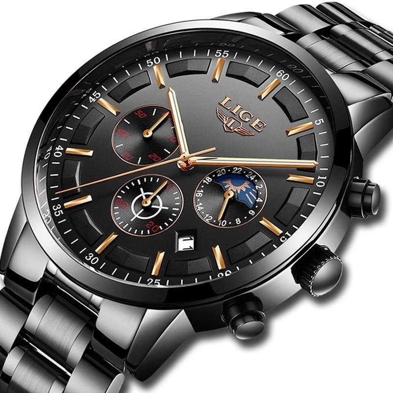 "Militair zwart stalen horloge, waterdicht, met roestvrijstalen band en krasbestendig glas, voor mannen."