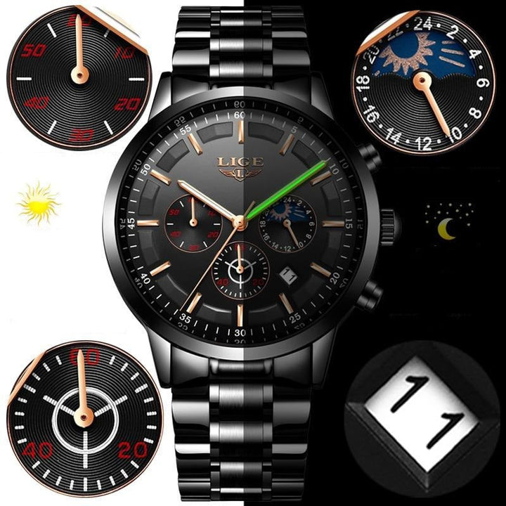 "Militair zwart stalen horloge, waterdicht, met roestvrijstalen band en krasbestendig glas, voor mannen."