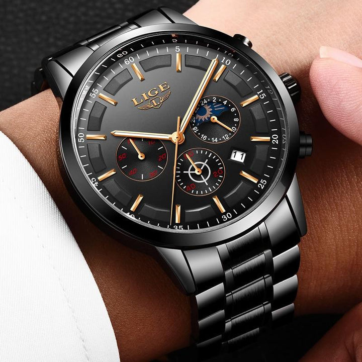 "Militair zwart stalen horloge, waterdicht, met roestvrijstalen band en krasbestendig glas, voor mannen."