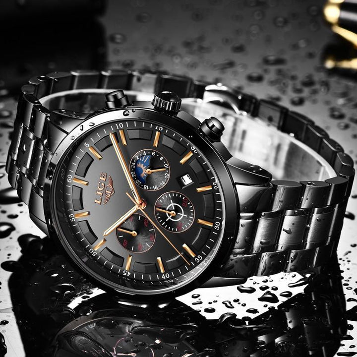 "Militair zwart stalen horloge, waterdicht, met roestvrijstalen band en krasbestendig glas, voor mannen."