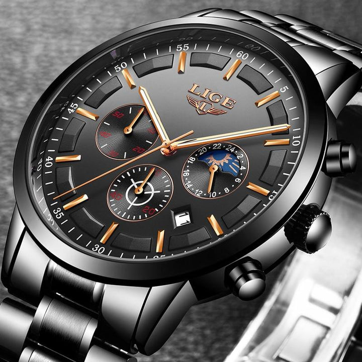 "Militair zwart stalen horloge, waterdicht, met roestvrijstalen band en krasbestendig glas, voor mannen."