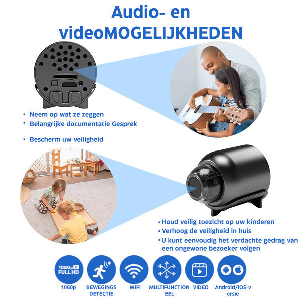 Draadloze Minieye Full HD camera met bewegingsdetectie en wifi voor effectieve thuisbeveiliging.