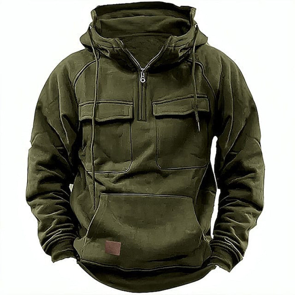 Detail van de warme, comfortabele stof van de tactische heren hoodie met capuchon, perfect voor koud weer.