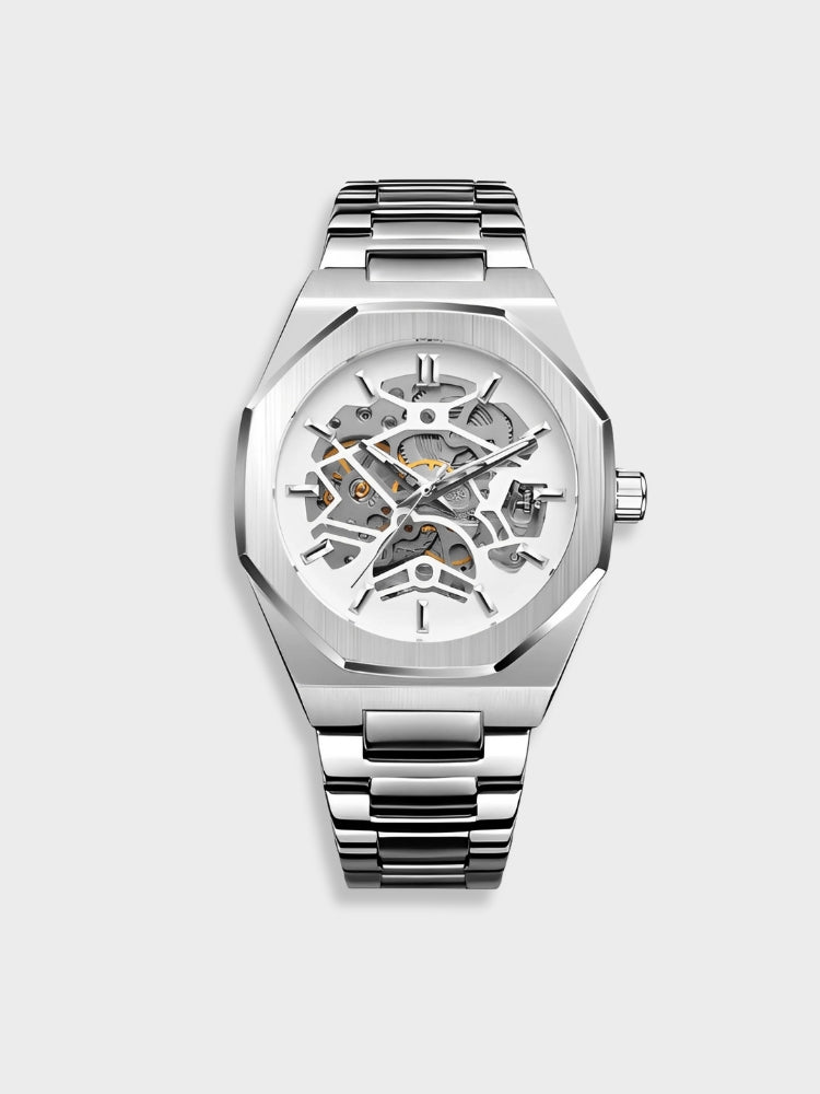 "Modern elegant herenhorloge met roestvrijstalen band, transparante wijzerplaat en open design. Tijdloos en stijlvol accessoi
