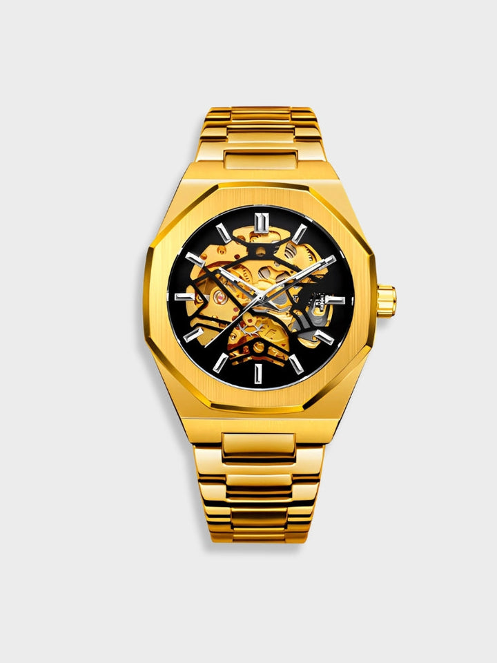 "Modern elegant herenhorloge met roestvrijstalen band, transparante wijzerplaat en open design. Tijdloos en stijlvol accessoi