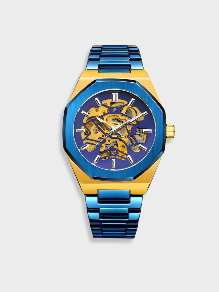 "Modern elegant herenhorloge met roestvrijstalen band, transparante wijzerplaat en open design. Tijdloos en stijlvol accessoi