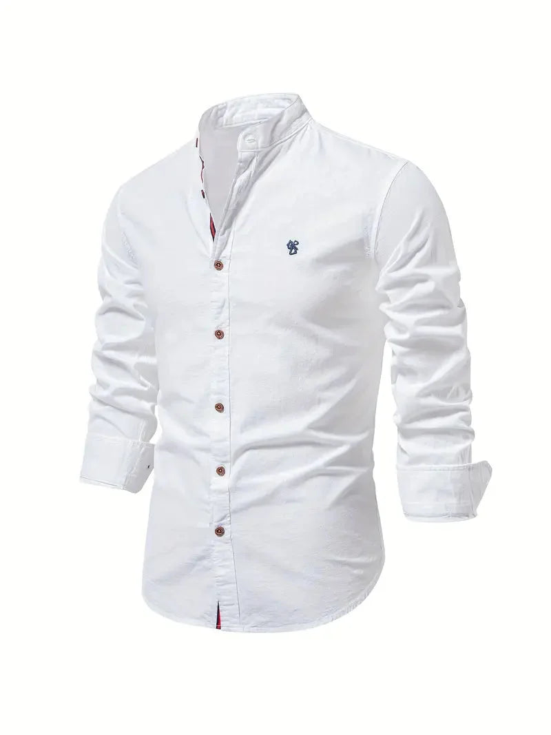 Modern herenshirt met lange mouwen, getailleerde pasvorm en stijlvolle opstaande kraag.