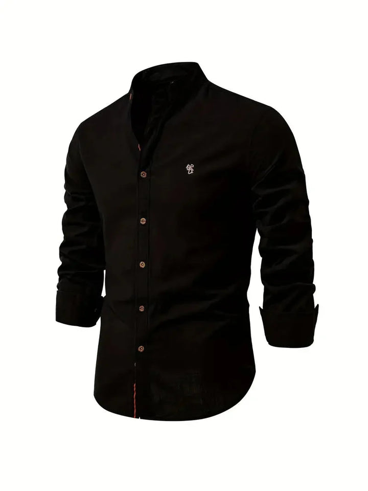 Herenshirt met lange mouwen en unieke opstaande kraag, voor een onderscheidende stijl.