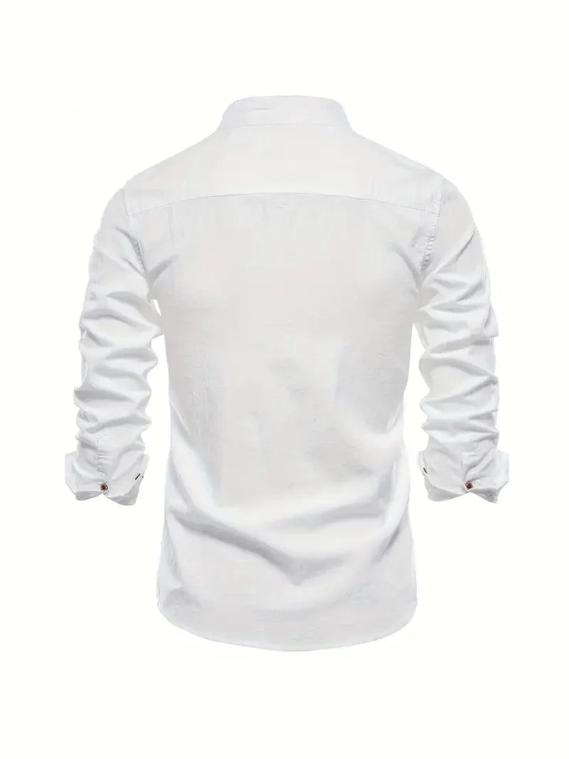 Zakelijk herenshirt lange mouw met opstaande kraag, perfect voor kantoor en formele events.