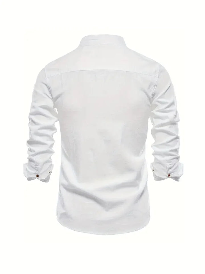Zakelijk herenshirt lange mouw met opstaande kraag, perfect voor kantoor en formele events.