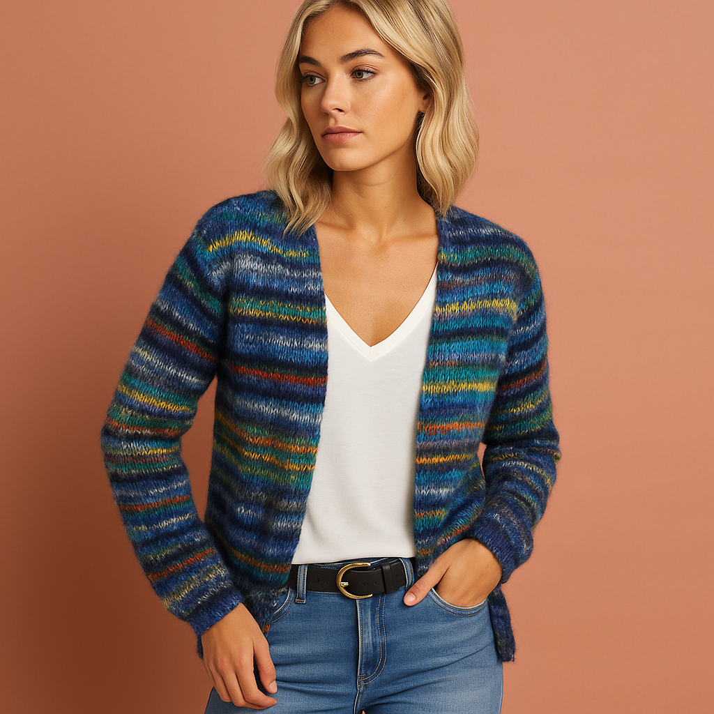Comfortabel dames vest in een veelzijdig kleurrijk design, perfect als modieuze damessweater voor elke gelegenheid.