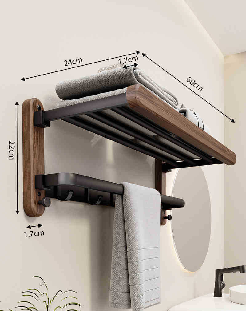 Modern wandgemonteerd handdoekrek met strak design, gemaakt van duurzaam hout, ideaal voor een georganiseerde badkamer.