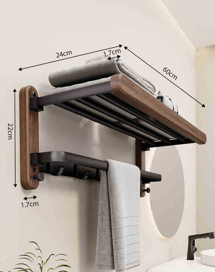 Modern wandgemonteerd handdoekrek met strak design, gemaakt van duurzaam hout, ideaal voor een georganiseerde badkamer.