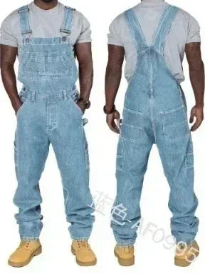 "Moderne denim overall voor heren met splice details, slim fit en rechte pijpen, ideaal als stijlvolle werkkleding."