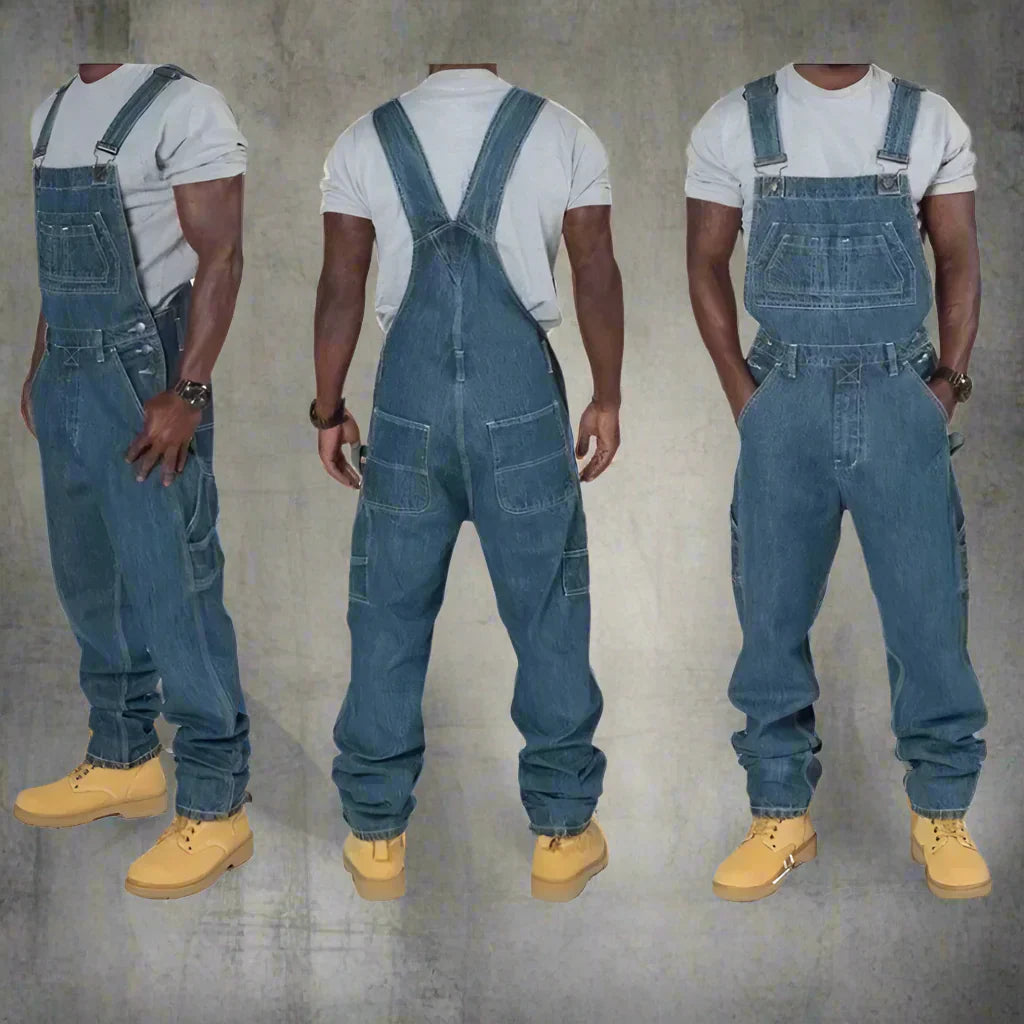 "Moderne denim overall voor heren met splice details, slim fit en rechte pijpen, ideaal als stijlvolle werkkleding."