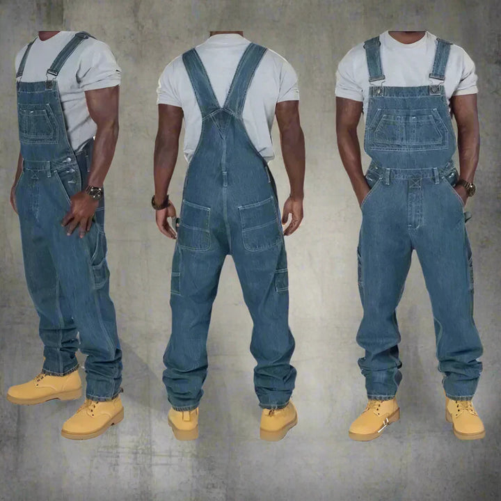 "Moderne denim overall voor heren met splice details, slim fit en rechte pijpen, ideaal als stijlvolle werkkleding."