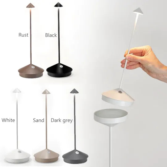 "Moderne draadloze LED tafellamp met elegant design, dimbaar en waterbestendig voor binnen en buiten, sfeervolle verlichting.