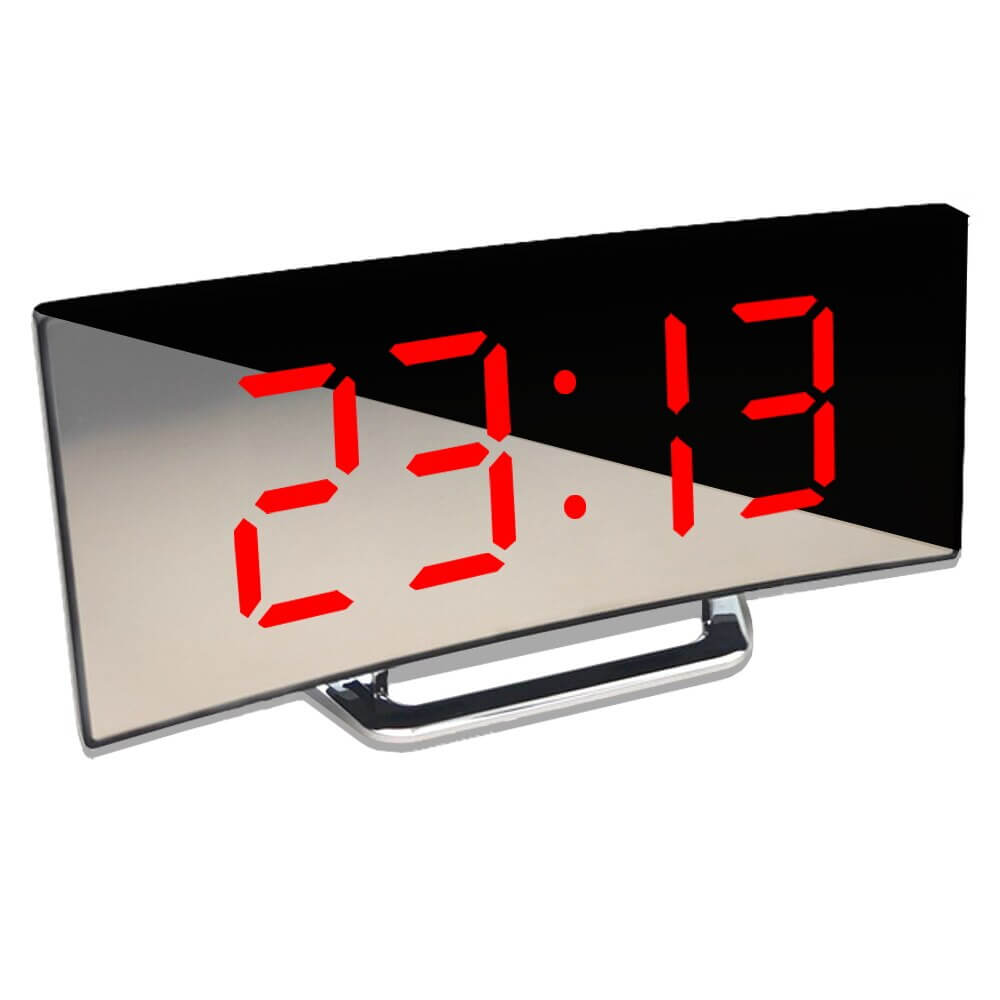 "Moderne gebogen LED wekker met helder display voor optimale zichtbaarheid in slaapkamer of werkplek"